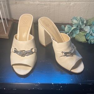 Vince Camuto White Mules with Silver Chain Detail